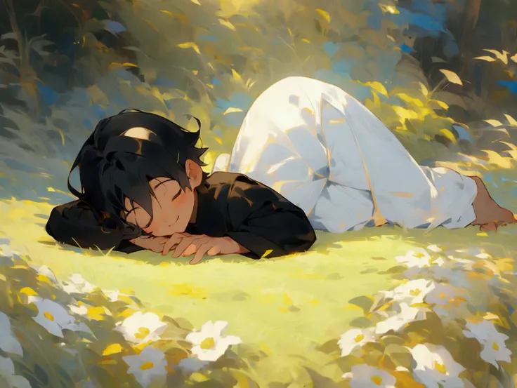 A young boy laying on his head on grass at bridge side sunshine on him simple black shirt white hairs fair skin his hand down to his head smiling face and dreaming open eyes show his full body