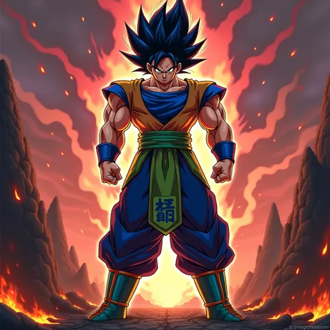 Create a Saiyan man with dark blue spiked hair, bulky and long, and he has demon black eyes and will be serious and has one hand outstretched and his shirt is green and blue pants and he wears a green skirt with blue symbols and green boots and blue boots ...