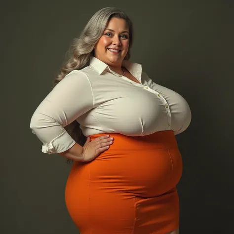 a beautiful matronly woman with abnormally huge round breasts, (((thin body))), pleasant smile, vibrant flare skirt shirtwaist dress, one exposed boob, long gray hair, realistic profile view, looking directly at the camera, her breasts are huge, bulging, a...