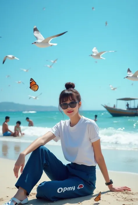 Beautiful Indonesian woman, smooth white skin, well-groomed face, Korean style bun hair with bangs, white t-shirt with , wearing (indigo blue jumpsuit pants that say "OPAY"), wearing sunglasses, cool watch, wearing white shoes, sitting in a pose on the bea...