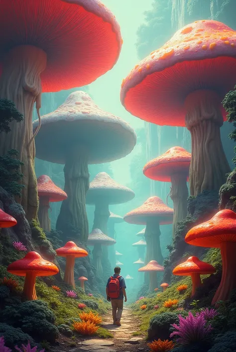 You are going through a mysterious area filled with giant mushrooms that have a wide variety of colors and shapes Your work should emphasize shape, size, space and color