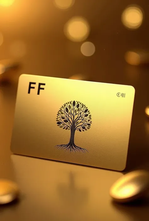  Create a credit card with the name of the bank F F and a small logo of a tree with money that remains inside the card,  The gold-colored card and the front 