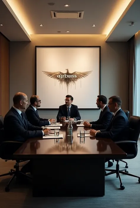 Men in suits centered on a very chic table ,  in the background a picture with graphics and was written on the agribusiness board 