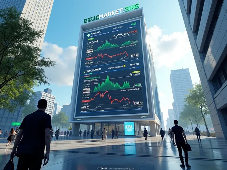 Create a visual scene from a 3D video game where a player explores a futuristic city. One of the buildings prominently displays a large digital screen showing real-time stock market data. The screen includes stock prices, indices, and financial news headli...