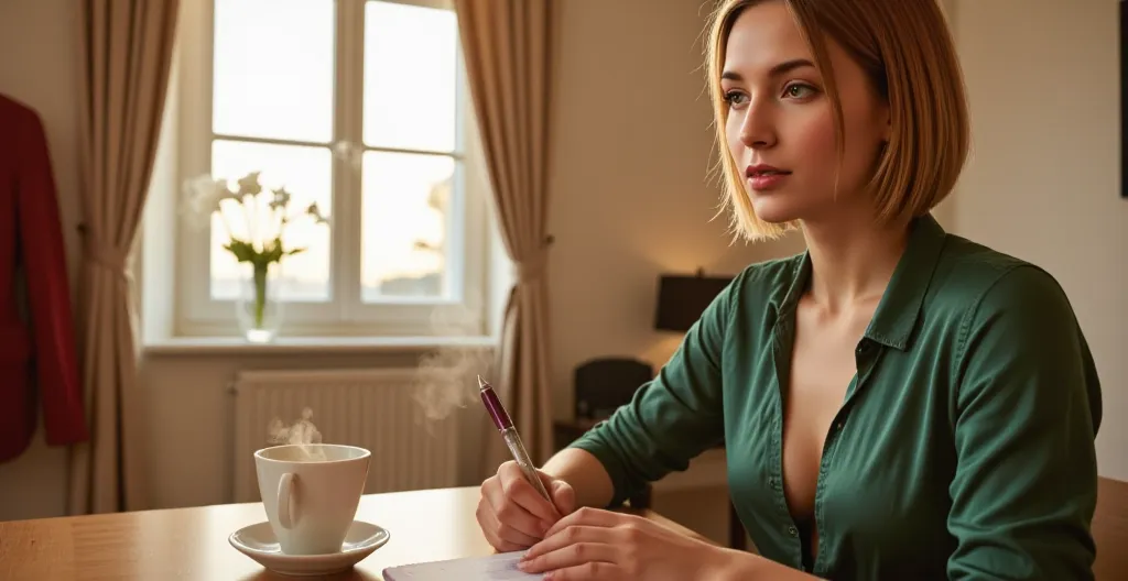 in the warm light of an autumn evening, gaia sits at her light wooden desk by the large window of her apartment. the sunset rays...