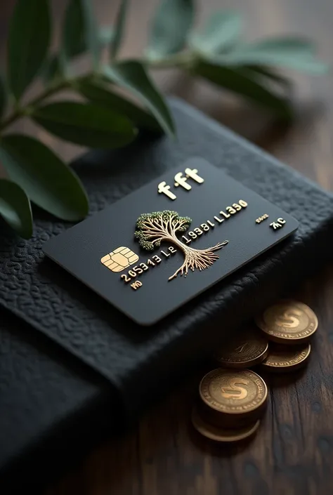  Create a credit card with the name of the bank F F and a small logo of a tree with money that remains inside the card,  The black card and the front 