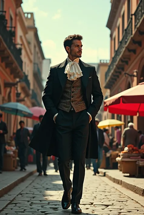 The image of colonial Mexico City with an elegantly dressed man walking backwards