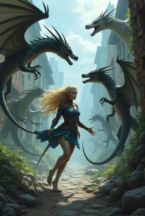 Blue-eyed blonde elf is attacked by Wyverns in an abandoned village. 