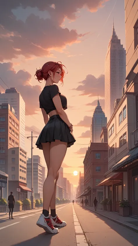 ((best illustration)) Brazilian girl, red hair, teenage body, black top, black tight skirt, black boot, urban landscape, building, skyline, sunset, silhouette against the clouds, contemplative.  