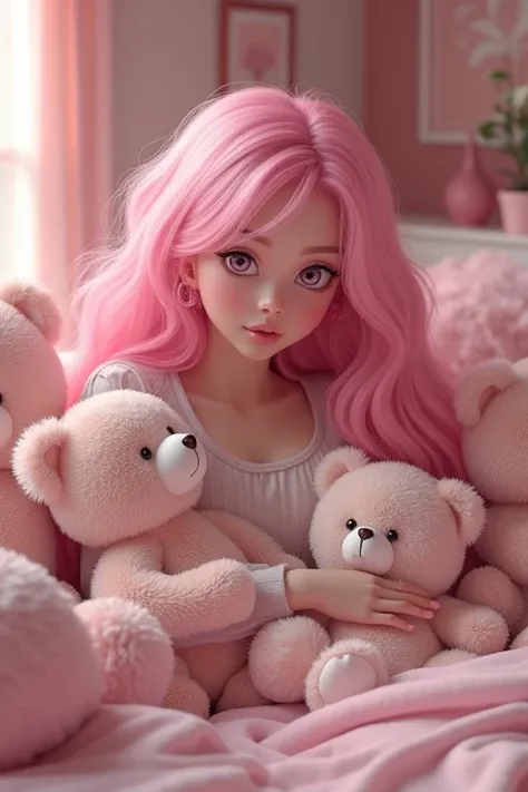  girl、 pink hair long fluffy 、 eyes twisty eyes 、adult、A little young、 eyes light pink 、 cuddle stuffed bears、 cardigan、 sexy、Room pink 、