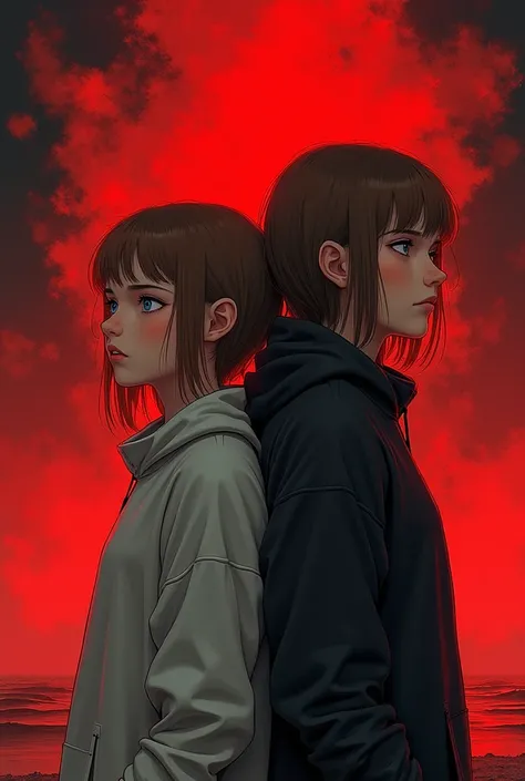 two 16-year-old girls, one of them has light blue eyes and light brown hair and is too skinny,  in front of a red and black 
