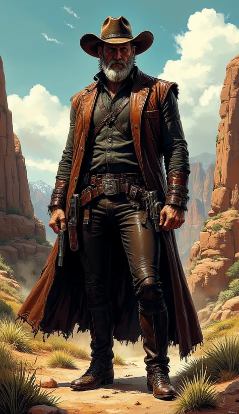 full body shot, digital painting in comics style, Wild West, Cowboy, Johna hex, Hex is a surly and cynical bounty-hunter whose face is scarred on the right side, Despite his poor reputation and personality, he is bound by a personal code of honor to protec...