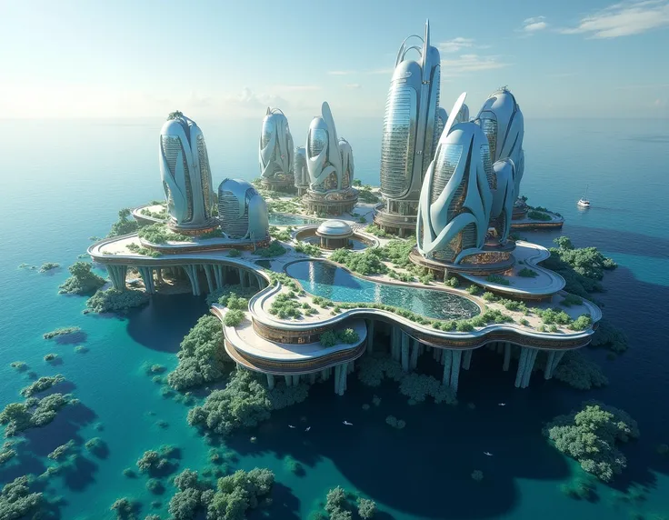  show me images of a city Built on a high-tech floating platform , ; its base was developed using an innovative system of artificial reefs made of ecological and biodegradable materials.,  designed to mimic the structure of living corals .  These reefs not...