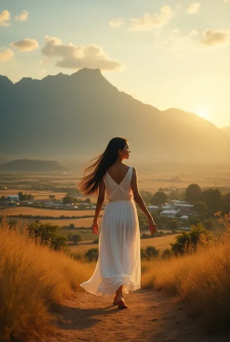  Young girl in white dress walking backwards between Venezuelan mountains and Venezuelan plains,  filling up with a town San Juan de los Morros Venezuela , And from the front of the full Moon a beautiful sunset and dusk picture