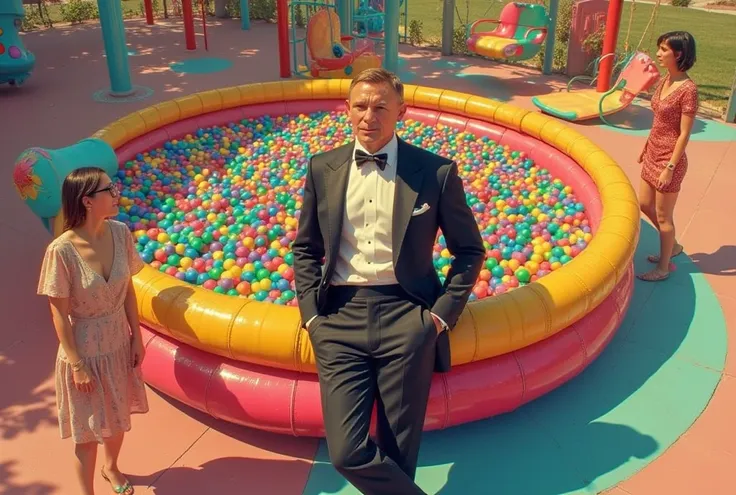 ((masterpiece)) ((photography)) ((Highest quality))  Create an illustration of James Bond, still in his iconic tuxedo, playing in a ren’s playground. The setting features a colorful die pool filled with plastic balls, surrounded by playground equipment lik...