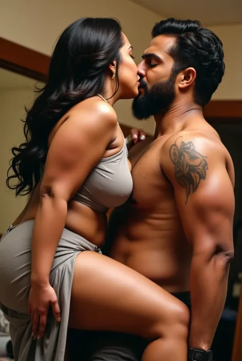 (masterpiece, best quality:1.2), 1girl, soA big boobies ithick,plus size african woman , wears sexy transparent grey night gown , lift carry in arms by a (( alpha tall black muscular bulged man,wearying half jeans ,having a full, thick careless beard. He h...