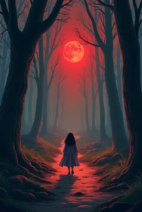  I want an animated image for elementary school ren according to this story : The red mirror

That sad morning I was walking through a very strange and silent forest. Suddenly I found an old red mirror and I was amazed. When I had it in my hands the mirror...