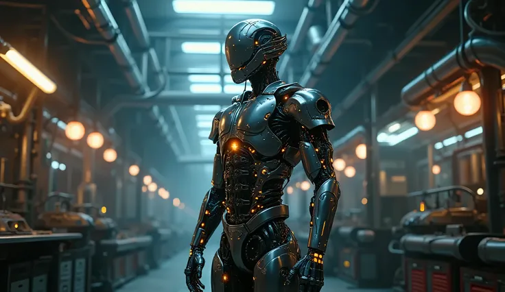 (realistic, photorealistic, photo-realistic:1.37), (best quality,4k,8k,highres,masterpiece:1.2),ultra-detailed,extremely detailed cyborg, male robot, sci-fi, futuristic, industrial garage, night, neon lighting, glowing mechanical parts, complex machinery, ...