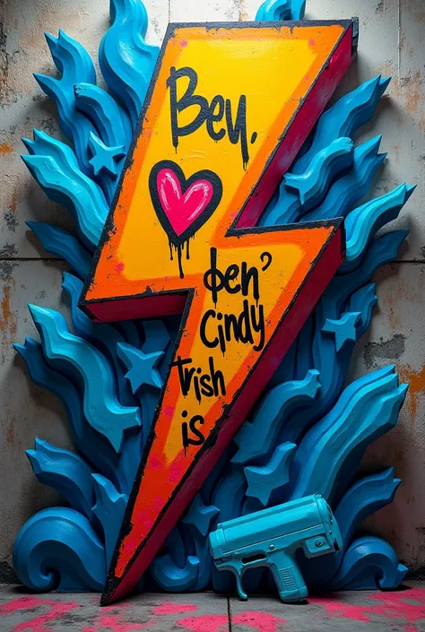 A lightning with a heart on the front with the name BEN,Cindy,Trish,in graffiti with a gun at the back with  BLUE sculptures 