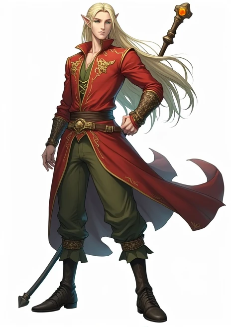 male anime character, high, strong,  long hair up to the waist and extremely smooth gold , wizard warrior style , pale skin, elf ears,  red clothing with gold details ,  green eyes,  rustic wooden staff with a gemstone on the tip