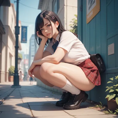 squatting girl in a short skirt