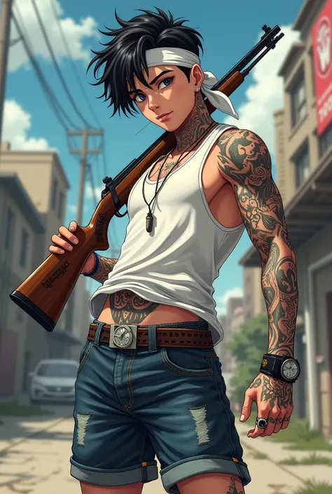 A white boy tattooed on his face trapper style on his arm, leg and neck wearing a white bandana with a rifle in his hand and a white tank top., Marrento and cigarette behind the ear in denim shorts with black hair in anime format
