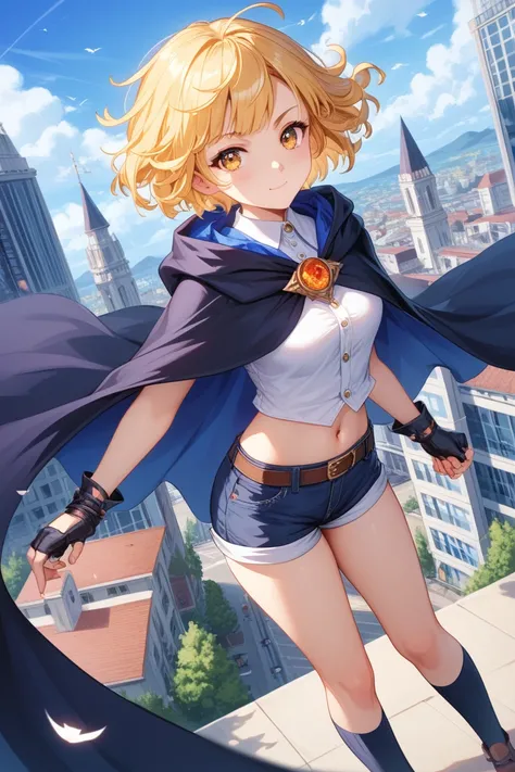 nice guy,  short,  short hair with bangs ,  short shorts,  cute look,  developing cloak in the wind,  high quality,  blond hair , yellowish eye color , city,  looks at the viewer ,  closed mouth , masterpiece, Accuracy,  Action painting,  best quality , An...