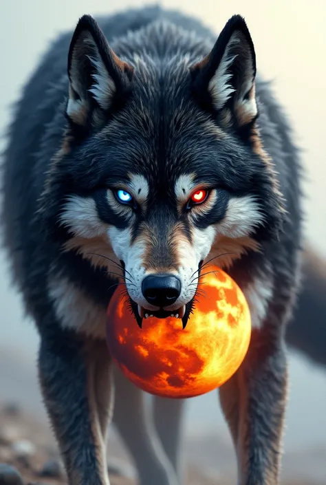 Realistic wild wolf half white half black with a scar on the left eye with angry blue and red eyes looking forward bites the sun and the moon 