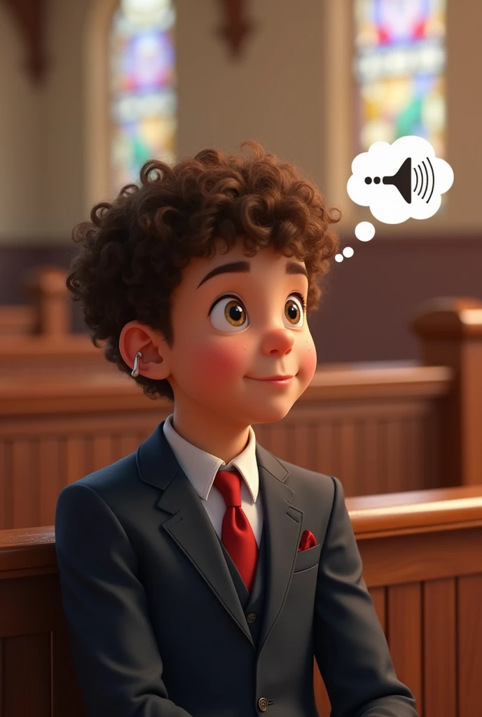 Light-skinned  boy with curly brown hair with AASI hearing aid dressed in a suit sitting in church with a volume thought bubble going down 