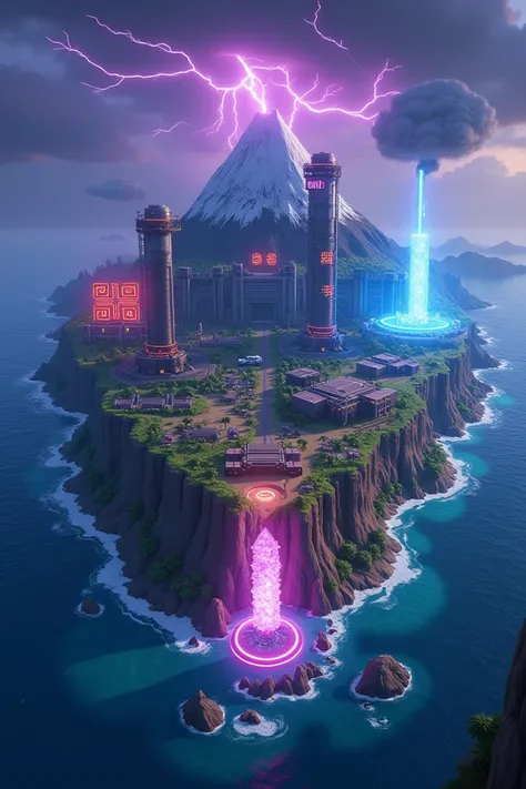 Une île de Fortnite divisée en plusieurs biomes distincts, chacun reflétant un mélange de haute technologie et de mystères futuristes. La carte est entourée par un océan sombre, éclairé par des éclairs occasionnels. Le ciel est légèrement nuageux, avec des...