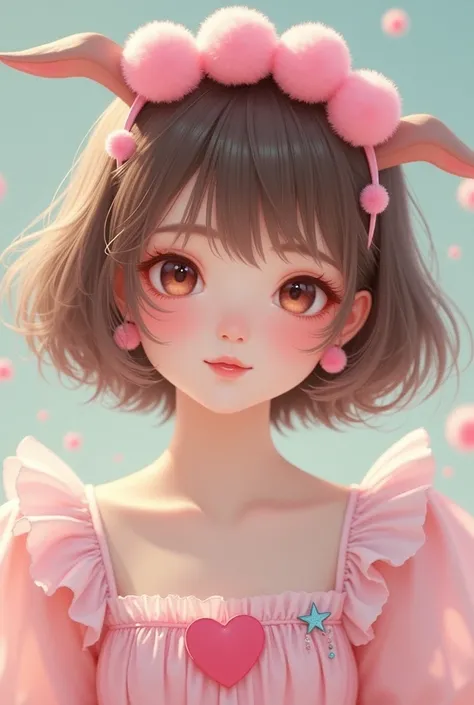 One with short light brown hair with a pink dress with a ruffled pin and a heart detail on the chest and a pompom tiara in her pink hair