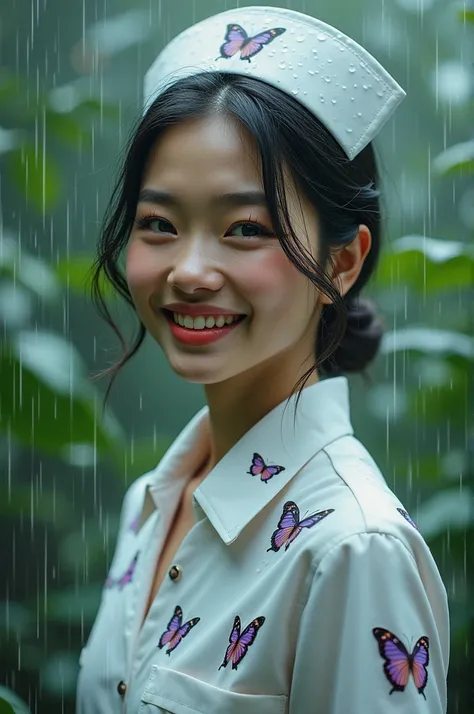 photo of a woman with a diamond face,  thin lips, butterfly nurse wearing sports wear with her  brother in rainy season with joy