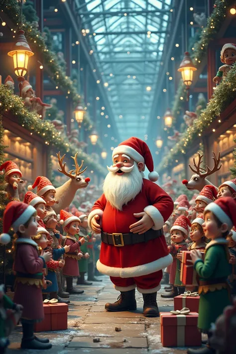 Thousand of Christmas elves making presents in a big Christmas factory with Santa and Christmas reindeers