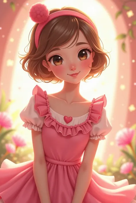 A short light brown-haired  wearing a ruffled pink pink dress with a heart detail on the chest and a pompom headband in her pink hair