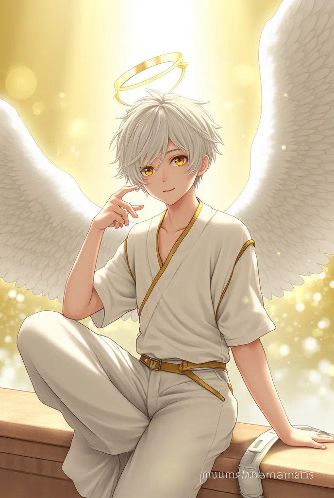 "a  boy with white hair and golden eyes, exuding a celestial and ethereal aura. he has a short, asymmetrical haircut, with one s...