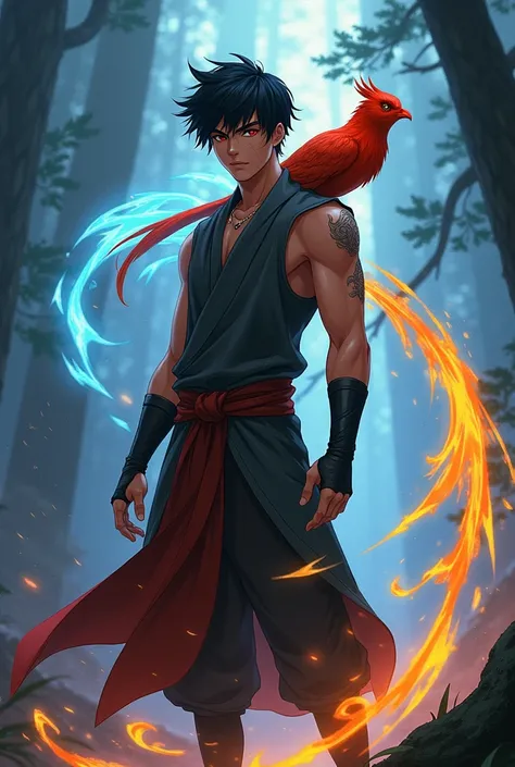 Anime style. Create a image of a guy in the ATLA universe: a traveler mexican teen guy, the background like a spruce biome, foggy and rainy, shadows behind him. He has red natural bright eyes, short black messy hair. a scar scratch line in his left eye. ta...