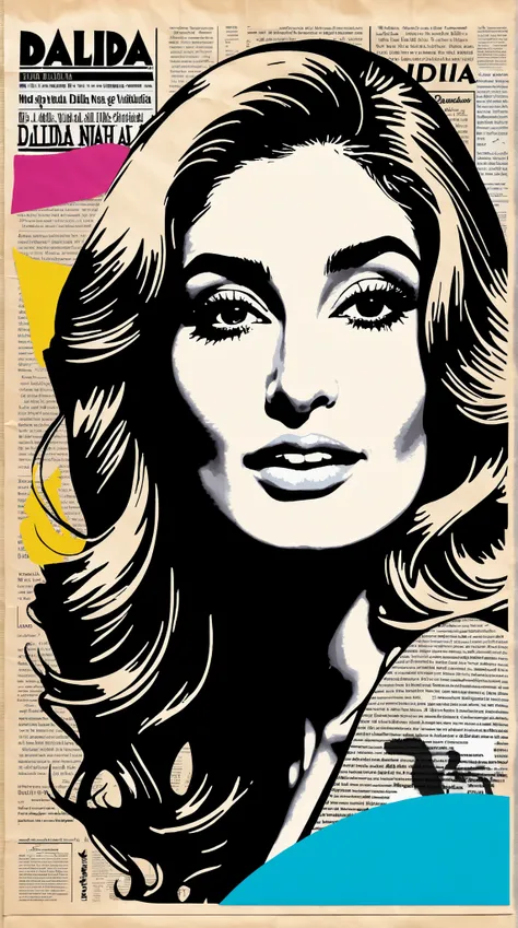 Create an ink-on-newspaper artwork in the style of Loui Jover (1.5), huge headline ((Dalida)) vinatage news paper name Dalida in bold all around ((Dalida)) very clear logo colorful realistic (( Dalida )) newspaper brand