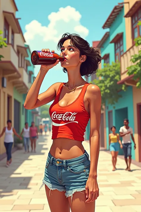 Seventh Scene :  “The Consumption of Coca-Cola”

Description :  A character drinks a Coca-Cola carefree on a street in Santo Domingo.
Elements:  Person with bottle in hand ,  simple background of a Dominican street .
Technique:  Illustration of characters ...