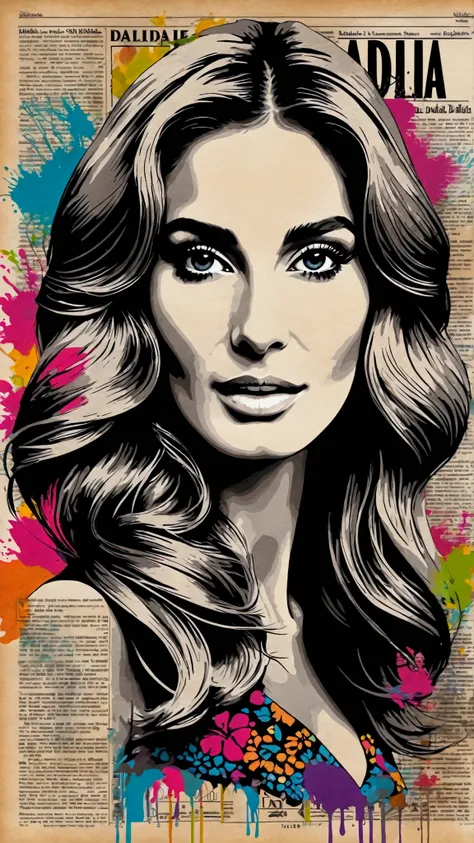 Create an ink-on-newspaper artwork in the style of Loui Jover (1.5), huge headline ((Dalida)) vinatage news paper name Dalida in bold all around ((Dalida)) very clear logo colorful realistic (( Dalida )) newspaper brand