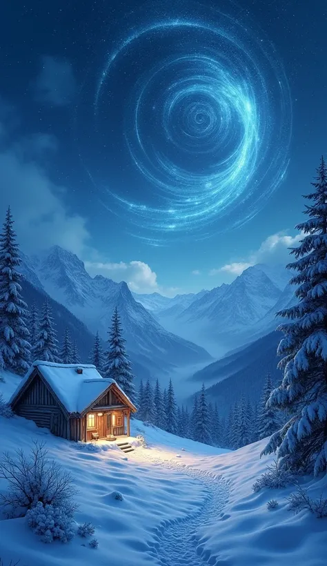 In a serene winter night within a mountainous terrain, the landscape transforms into a scene of enchantment. Thatched-roof houses are absent, but the snow blankets the surroundings. The sky itself seems to dance with an otherworldly display, a canvas of ma...