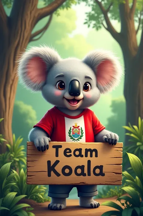  Koala with sign saying Team Koala, clothing and the flag of Peru . 