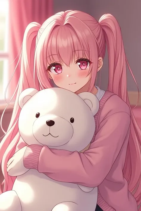  girl、 light pink hair long fluffy、Twin tails with lower eyes 、 eyes twisty eyes 、adult、A little young、 eyes light pink 、Embrace a stuffed white bear、 cardigan、 sexy、Room pink 、 anime style、Smiling face、