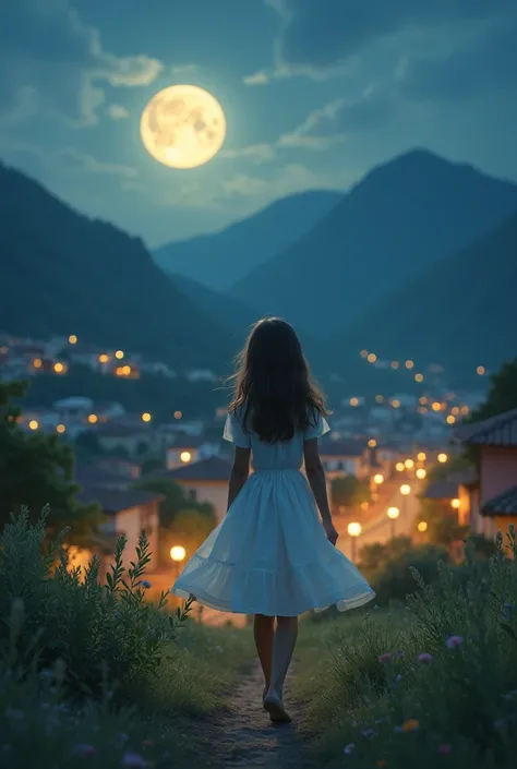  Young girl in a white dress walking backwards between Venezuelan mountains and Venezuelan plains San Juan de los Morros Venezuela,  filling up with a town San Juan de los Morros Venezuela , And in front of the full moon one evening and night the mountains...