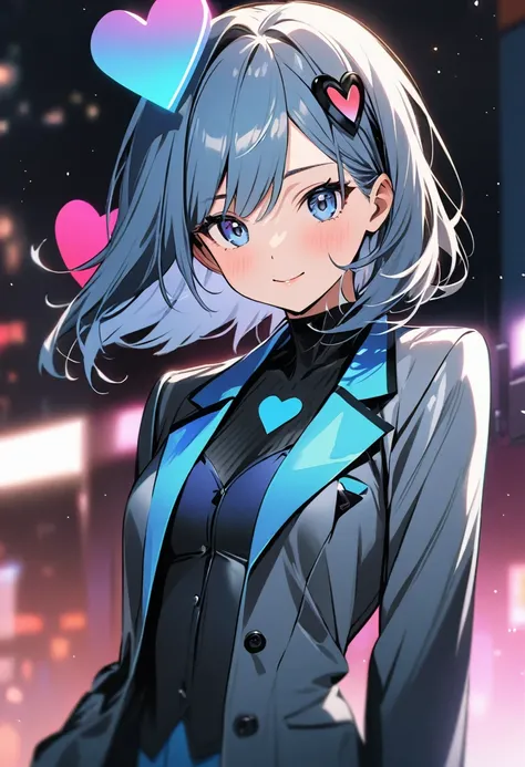 A girl with a hologram heart symbol on her head wearing a perfect suit