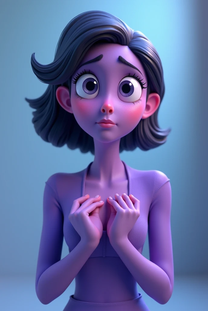 Purple cartoon woman, high,  with her skin similar to that of the film intensely .  The Emotion she represents is doubtful ,  so she must be a little worried ,  her little hands on her chest as if she were saying  "That will be fine ". Background color:  d...