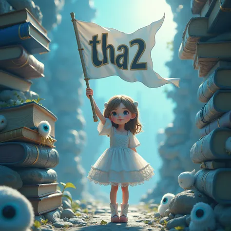 Cute beautiful girl, hand holding the flag with the word tha2 written on it. Cool book body in the background with blue eyed owl.