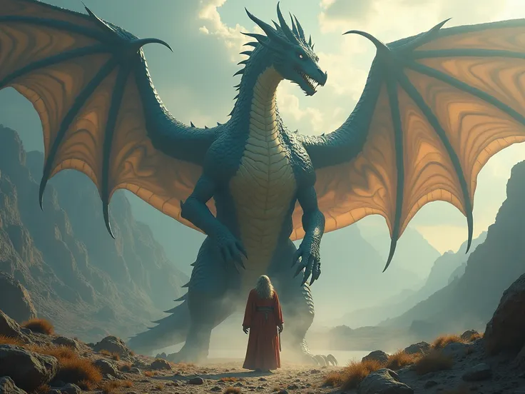 an ultra-realistic high-quality image of the dragon in front of the prophet Amos an impactful image