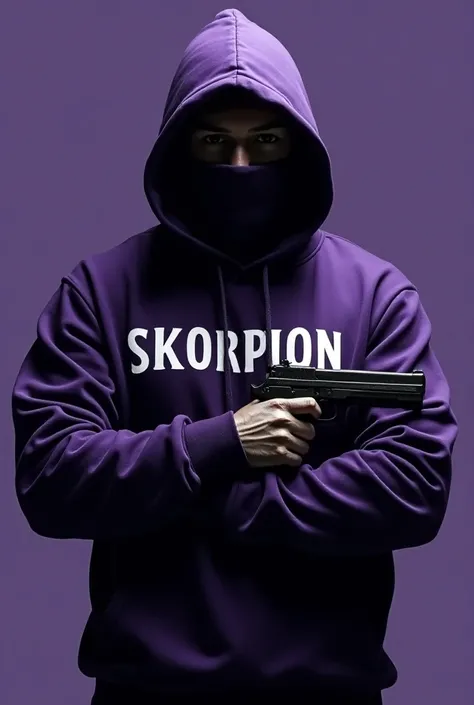 Make a Sport logo of a hooded Gangster with the name Skorpion on the front of the purple sweatshirt and holding a gun