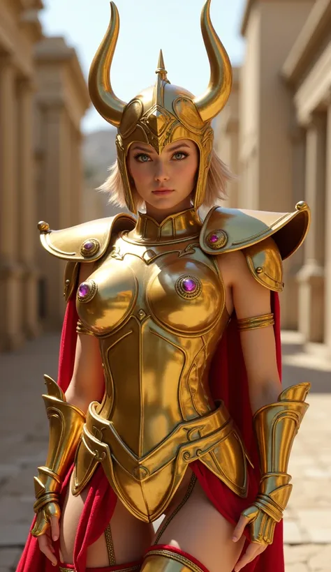 Create a highly realistic and cinematic 3D image of a female warrior  
wearing golden armor inspired by the anime series "Saint Seiya" (Knights of the Zodiac).  
The armor should be identical to the one used by the character Mu of Aries,  
featuring intric...