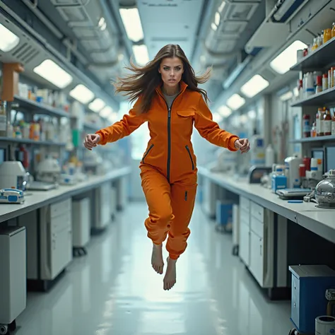  woman with light brown shoulder-length straight hair , Size: 165cm, Weight: 58kg,  her face is a bit plump, she doesn&#39;t smile, She floats weightlessly through a large laboratory on the ISS space station and wears an orange one-piece work suit with zip...